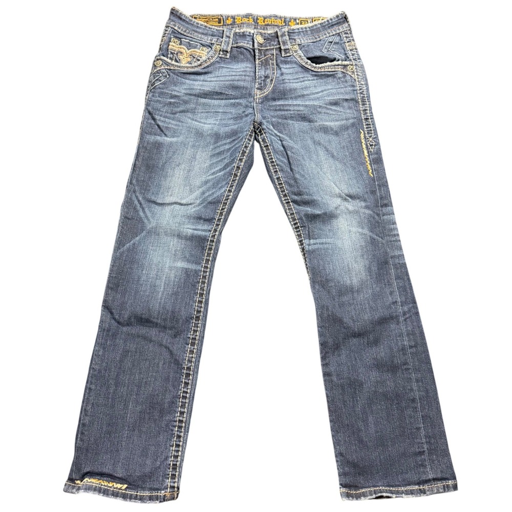 Rock Revival Charlot Straight Mens Blue Embroidered Flap Pocket Y2K Jeans 32x30